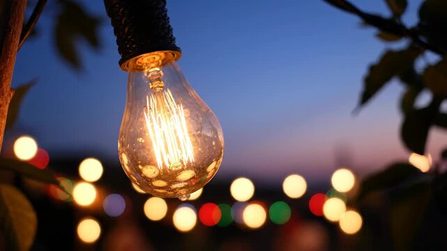 Close up of a vintage Edison bulb with bokeh lights in the background at dusk.