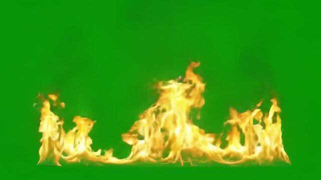 Realistic fire flames with sparks and embers burning on a green screen background, suitable for compositing and visual effects