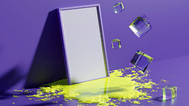 Blank modern frame mockup with abstract liquid splash and glass cubes on purple background