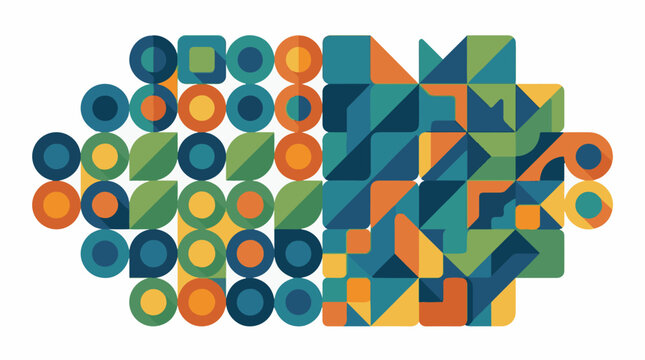 Geometric mosaic of circles squares and triangles in muted colors