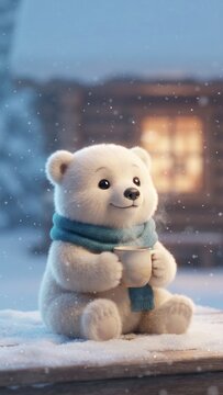 Cute Polar Bear Cub Holding Hot Drink in Snowy Winter Scene for Cozy Holiday Greetings, Seasonal Decor, Christmas, Wellness and Hygge Lifestyle Concepts