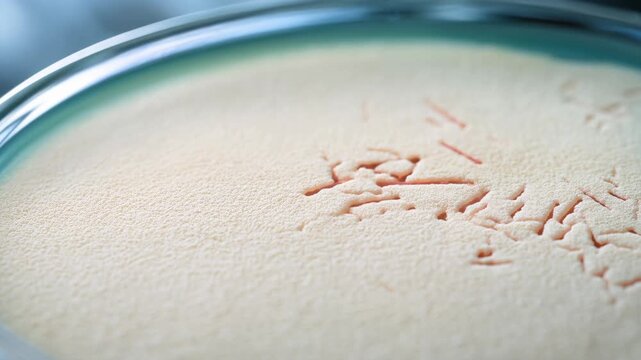 Mixed bacterial and fungal colonies growing in a petri dish during a microbiology laboratory test
