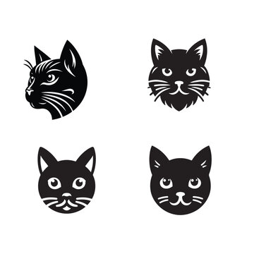 Cat icons collection. Kittens emoji symbols set. Black and white simple outline cats head emoticon pictures. Vector isolated