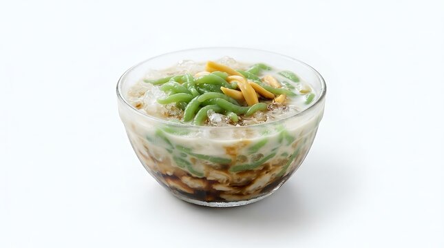 A glass bowl of traditional cendol dessert with green jelly noodles and palm sugar syrup.