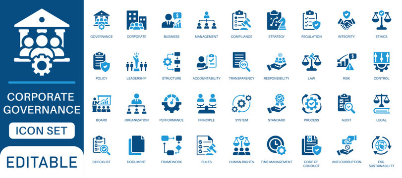 Corporate governance icon set. Featuring business compliance, management regulation, ethics strategy, and policy transparency in a blue flat design.