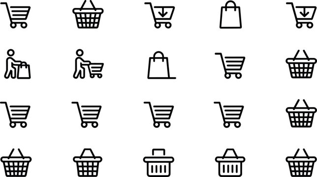 E-commerce online retail shopping cart and digital storefront basket line icon set vector illustration featuring commercial consumer shop store app user interface elements
