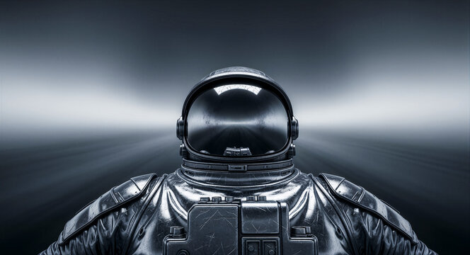 Astronaut in a metallic spacesuit facing forward. Close-up portrait with reflective helmet visor and dark background. Sci-fi space exploration concept for futuristic technology themes.