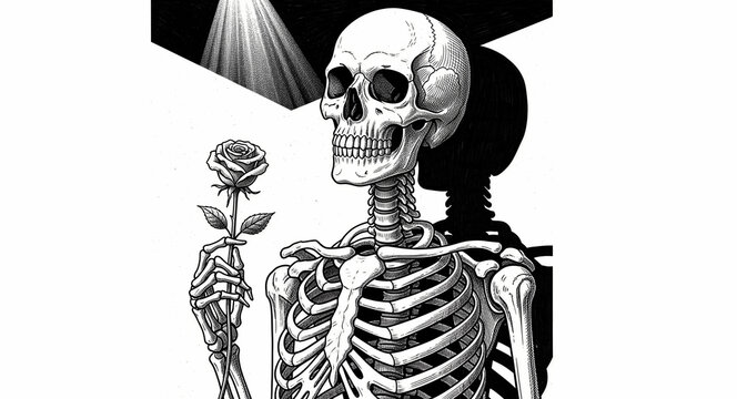 Skeleton holding a rose in dramatic spotlight. Detailed ink drawing with cross-hatching and shadows. Gothic memento mori theme ideal for dark aesthetic or tattoo art.