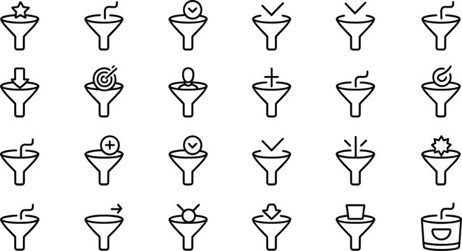 Data processing search filter and business sales funnel line icon set vector illustration featuring database sorting algorithms marketing conversion funnel web interface elements