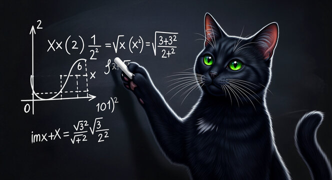 Black cat with green eyes writing math equations on a blackboard. Smart feline solving complex formulas and calculus graphs. Education and genius pet concept for academic and humorous marketing.