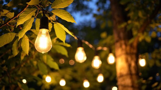 Warm glowing string lights illuminate a leafy tree at dusk, creating a magical outdoor ambiance