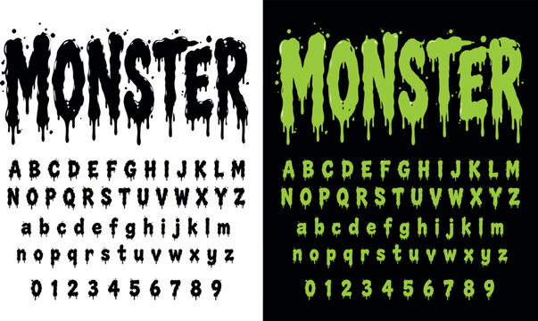 Monster Dripping Font Vector Alphabet Set in Green and Black, Slimy Horror Typography for Halloween Designs, Melting Goo Letters and Numbers, Toxic Slime Graphic Illustration