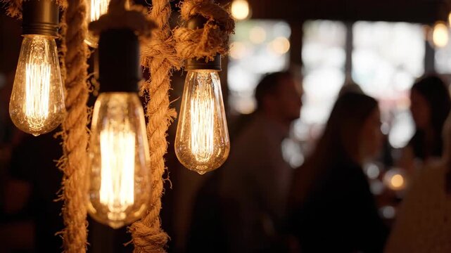 Edison light bulbs hanging from ropes illuminate a dimly lit restaurant interior with people in the background