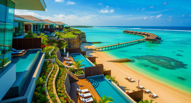 Luxury resort villas with infinity pools over turquoise ocean. Modern architecture features wooden decks and beach vistas. Exotic getaway concept for high-end travel and tourism marketing.