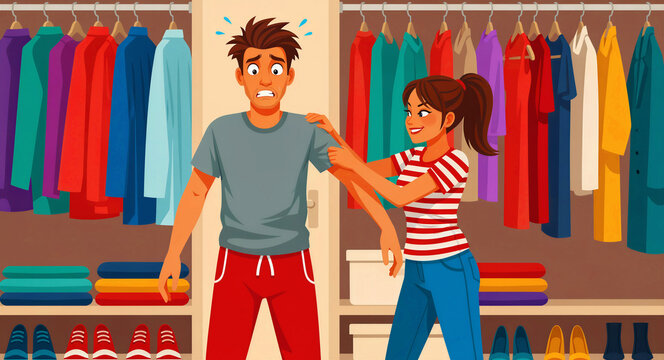 Stressed man in a closet while a woman chooses his clothes. Cartoon scene with hanging apparel and shoes. Personal styling and shopping anxiety concept for retail marketing.