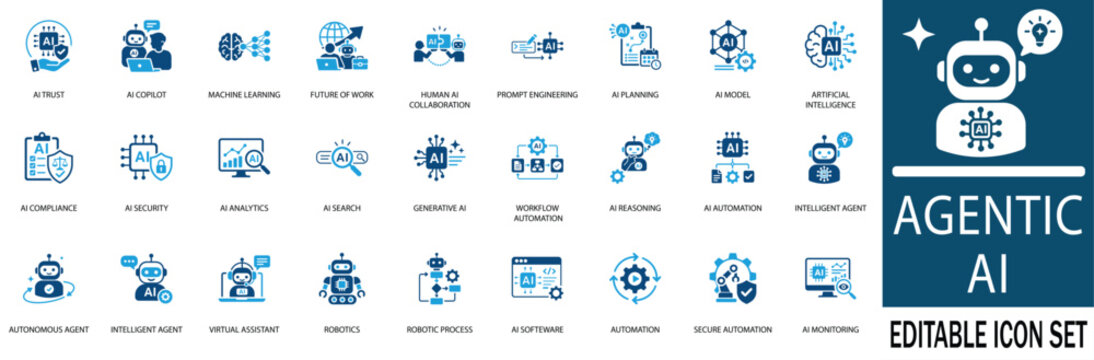 Agentic AI and automation icon set featuring artificial intelligence, robotics, machine learning, and intelligent agents. Editable vector graphics for tech and business design.