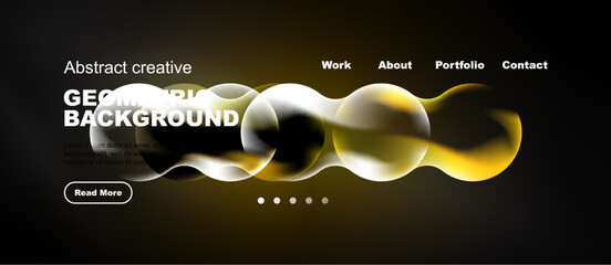 Abstract website mockup features geometric shapes, gold tones, dark background. Navigation includes work, about, portfolio, contact options. © antishock