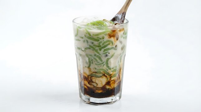 A refreshing glass of cendol dessert drink with coconut milk and palm sugar syrup.