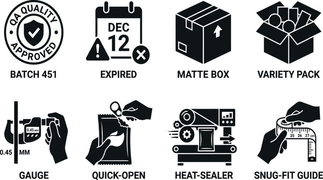 Professional Manufacturing and Packaging Icon Set Featuring Quality Control, Batch Approval, Expired Date, Shipping Boxes, Heat Sealer, Micrometer Gauge, and Product Measuring Guide.