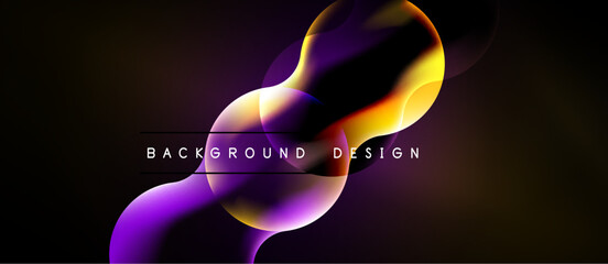 Naklejka premium Abstract design features vibrant purple, orange gradients. Smooth shapes overlap creating dynamic visual effect. Dark background enhances color contrast.