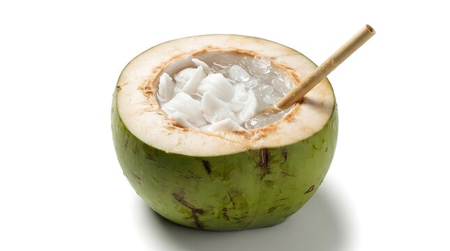 Fresh young coconut with ice and a bamboo straw isolated on white background.
