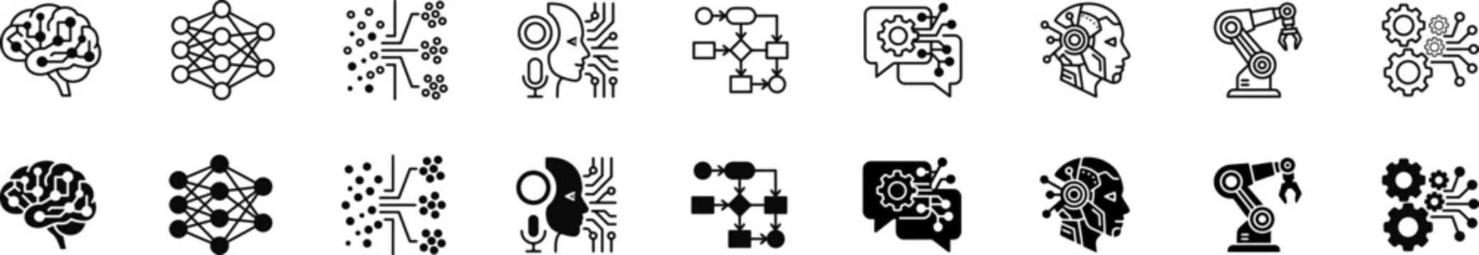 Artificial Intelligence and Machine Learning Line and Solid Icons Set with Neural Network, Robotics and Automation Concepts