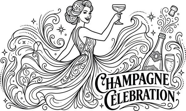 Elegant Champagne Celebration Vector Illustration Featuring a Glamorous Woman Toasting with a Glass of Sparkling Wine, Vintage Line Art Style for Luxury Party and Event Invitations.