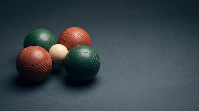 Five bocce balls in game arrangement with green touching cream pallino and terracotta red balls clustered on dark slate surface, bocce ball precision sport niche sports equipment concept art 