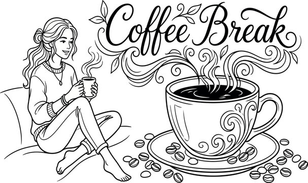 Relaxing Coffee Break Vector Illustration Featuring a Young Woman Enjoying a Steaming Mug on a Couch with Decorative Cup and Beans for Adult Coloring Pages and Cozy Lifestyle Art Designs