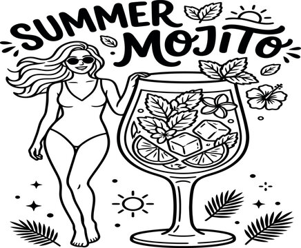 Summer Mojito Vector Illustration Featuring a Woman in Swimsuit with a Giant Cocktail Glass, Tropical Flowers, Mint Leaves, and Palm Fronds in Hand-Drawn Black and White Line Art Style.