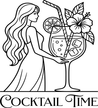 Elegant Woman and Tropical Cocktail Line Art Illustration for Summer Party Decorations, Bar Menu Graphics, and Tropical Vacation Themes with Hibiscus Flower and Lemon Slice Design