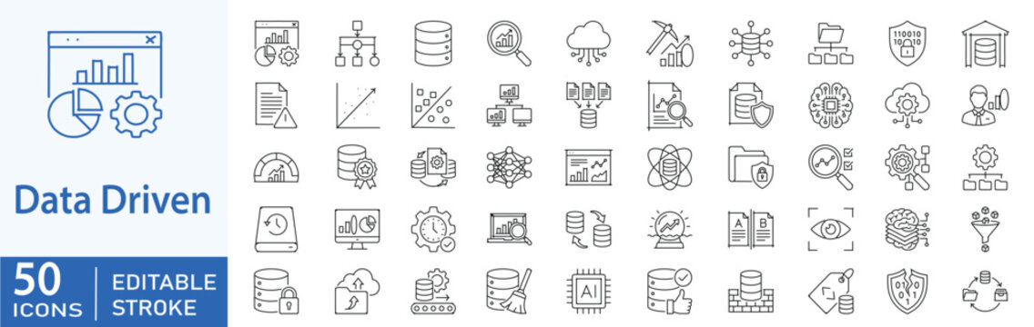 Data driven line editable icon set. big data analytics database management, cloud computing server network, artificial intelligence machine learning, and security information processing. Editable stro