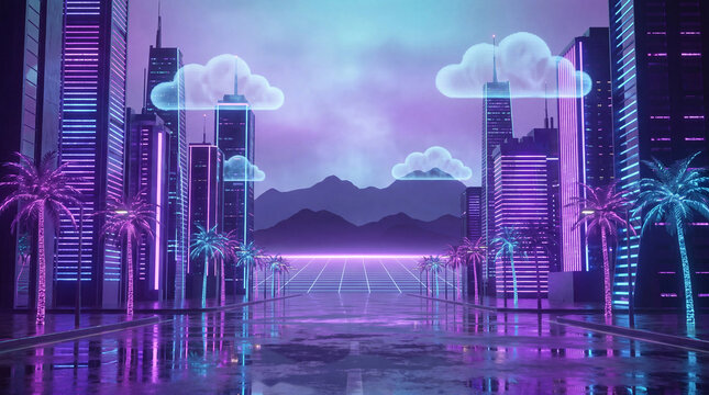 Futuristic city illustration with neon palm boulevard clouds and distant mountains