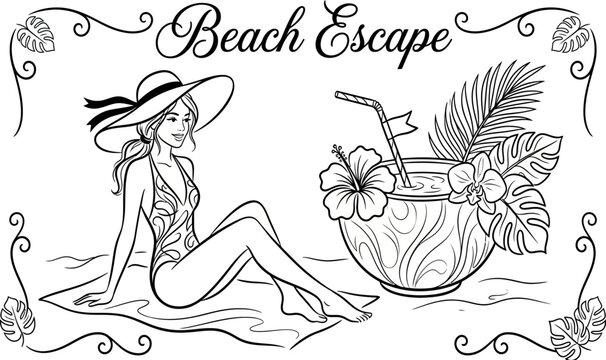 Tropical Beach Escape Vector Illustration with a Beautiful Woman in a Swimsuit and a Large Coconut Cocktail, Perfect for Summer Coloring Pages and Tropical Vacation Theme Designs