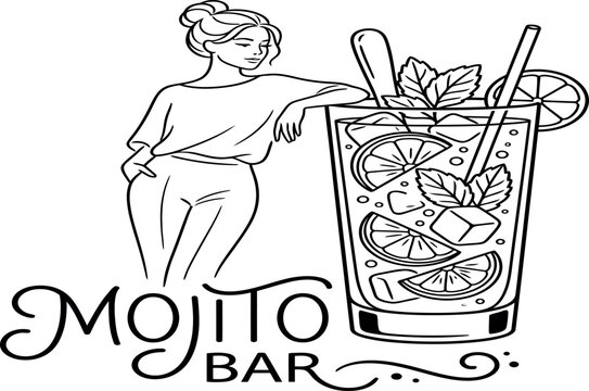 Stylish Woman Leaning on a Giant Refreshing Mojito Cocktail with Lime and Mint for Mojito Bar Logo, Vector Line Art Illustration for Nightlife, Cafe Menu, and Summer Party Decorations