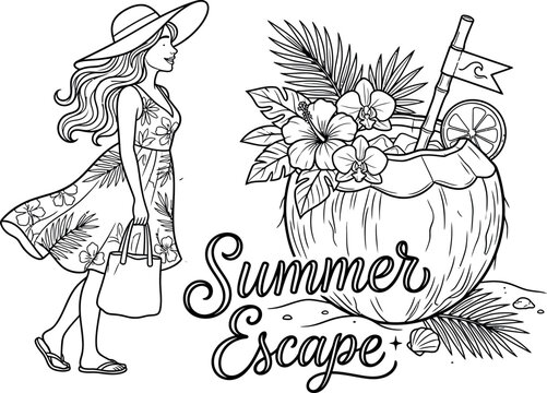 Tropical Summer Escape Coloring Page with Elegant Woman in Sun Hat, Hibiscus Flowers, and Refreshing Coconut Drink; Perfect Vector Line Art for Beach Vacation and Holiday Party Themes.