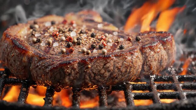 Juicy beef steak seasoned with salt and pepper being grilled over hot flames