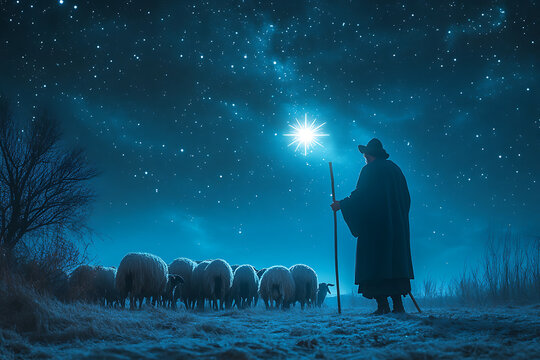 Biblical shepherd with sheep looking at the bright star of Bethlehem in a dark starry night sky nativity background