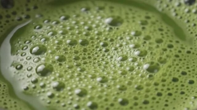 Whisking vibrant green matcha powder into water for a frothy, traditional Japanese tea preparation, A close-up shot of a bamboo whisk creating a creamy texture in a dark bowl of matcha tea