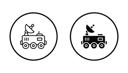 Space exploration rover vehicle icon set in outline and solid black style for science technology and astronomy projects featuring robotic planetary lander for research and discovery © TARU STOCKPLC