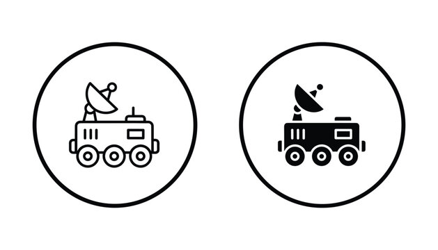 Space exploration rover vehicle icon set in outline and solid black style for science technology and astronomy projects featuring robotic planetary lander for research and discovery
