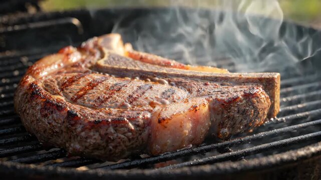 Juicy T-bone steak sizzling on a hot grill with steam rising