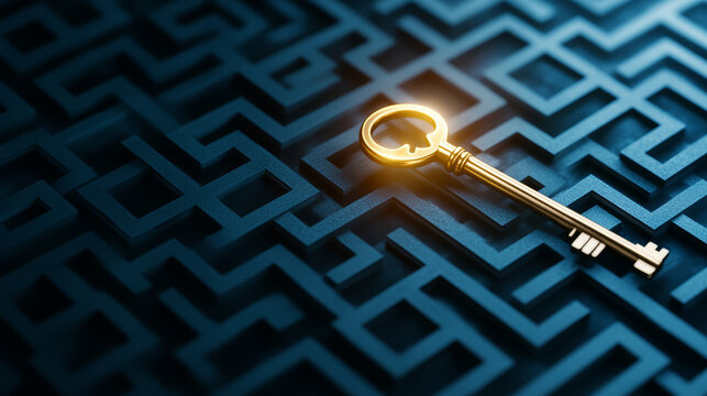 Glowing key rests above maze, symbolizing clarity and solutions in challenges