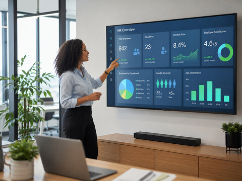 Professional woman presenting human resources data on a large wall screen in a modern office