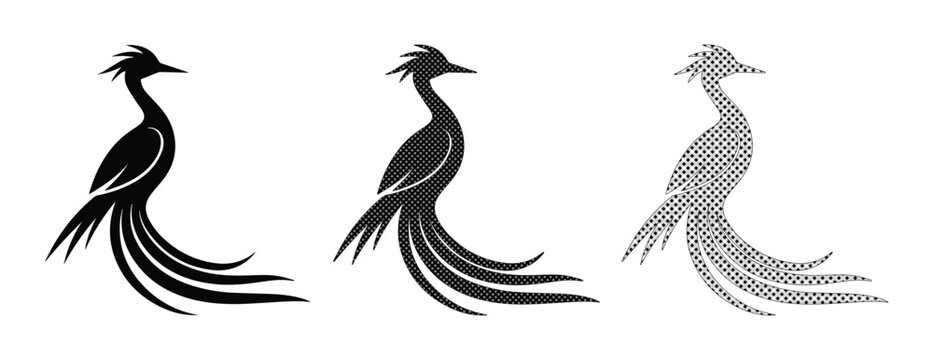 Elegant Phoenix Bird Vector Set, mythical firebird silhouette in black and textured gray, majestic fantasy creature for branding and design projects