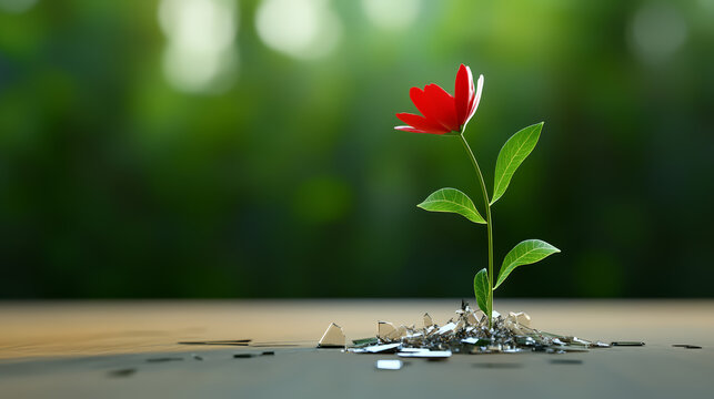 Flower growing out of shattered glass symbolizes resilience and beauty in adversity