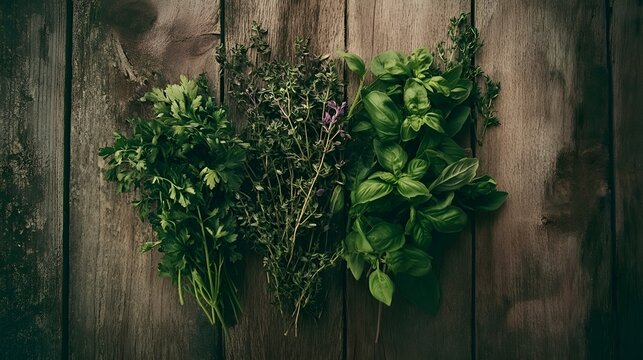 fresh herbs on wooden background