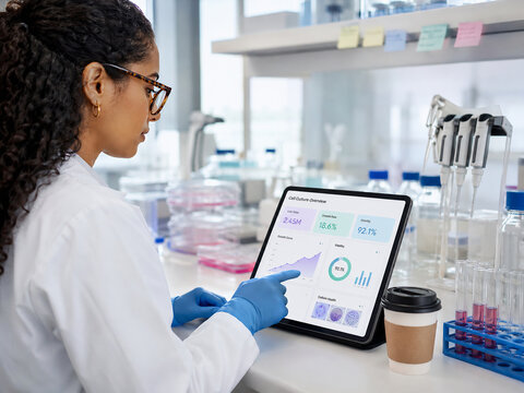 Female scientist using a tablet to analyze cell culture data in a modern laboratory