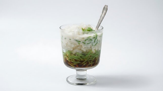 A glass of traditional Indonesian cendol dessert with coconut milk and palm sugar syrup.