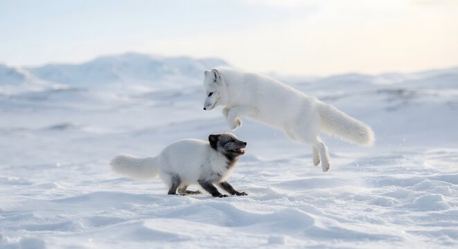 Two adorable arctic foxes playing and jumping in the snow.